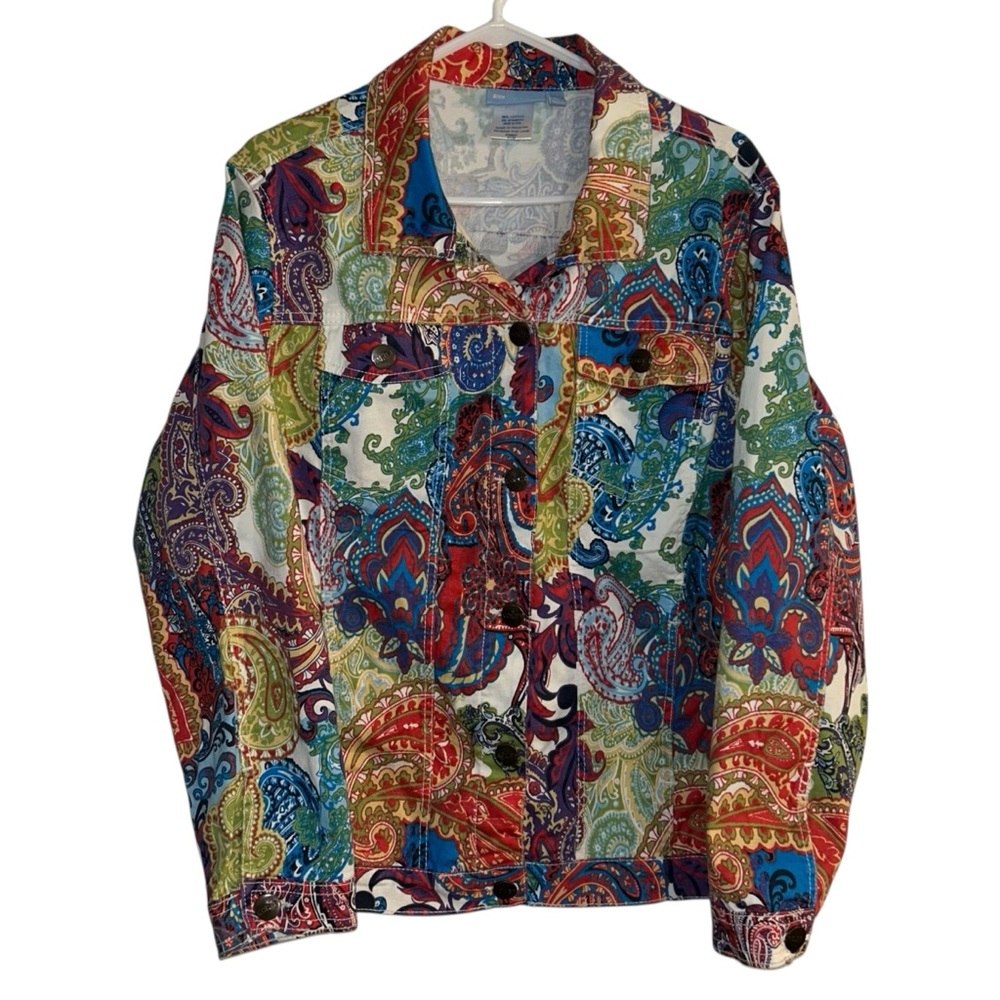 Koret Women's Denim Jean Jacket Size 18W Paisley Print Button Closure Retro VTG